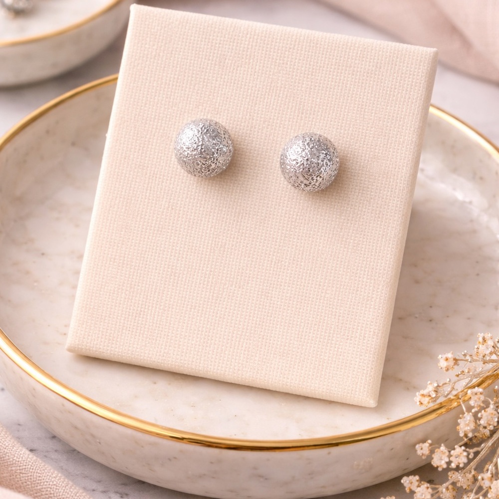 Silver Textured Ball Stud Earrings Minimalist Round